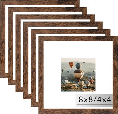 JCJMY 8x8 Picture Frame Set of 6 - Versatile Wall Hanging & Tabletop Display, Deep Brown Wood Finish