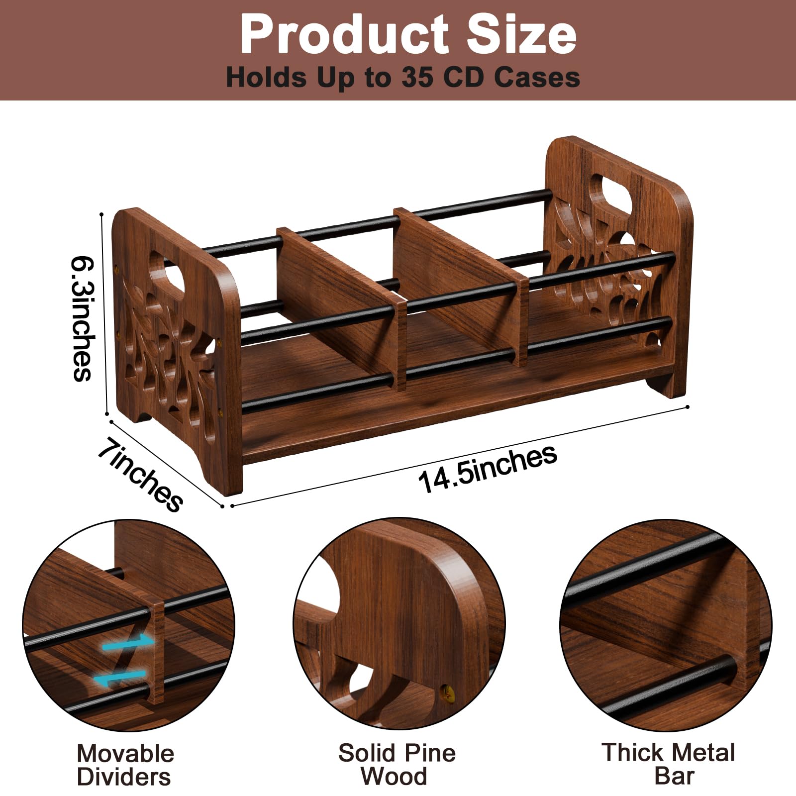 QILICHZ CD Holder,DVD Holder Storage,Wood CD Rack Organizer,DVD Rack,Cassette Tape Storage with Dividers for CDs, DVDS, Tapes,Video Game Cases, Tape Display Stand, Hold 35Pcs