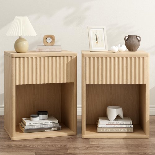 Fluted Nightstands Set of 2, Wooden End Table Bed Side Table with Curved Drawer, Mid Century Modern Fluted Night Stand with Rounded Edge for Bedroom, Living Room Sofa, Nature Oak