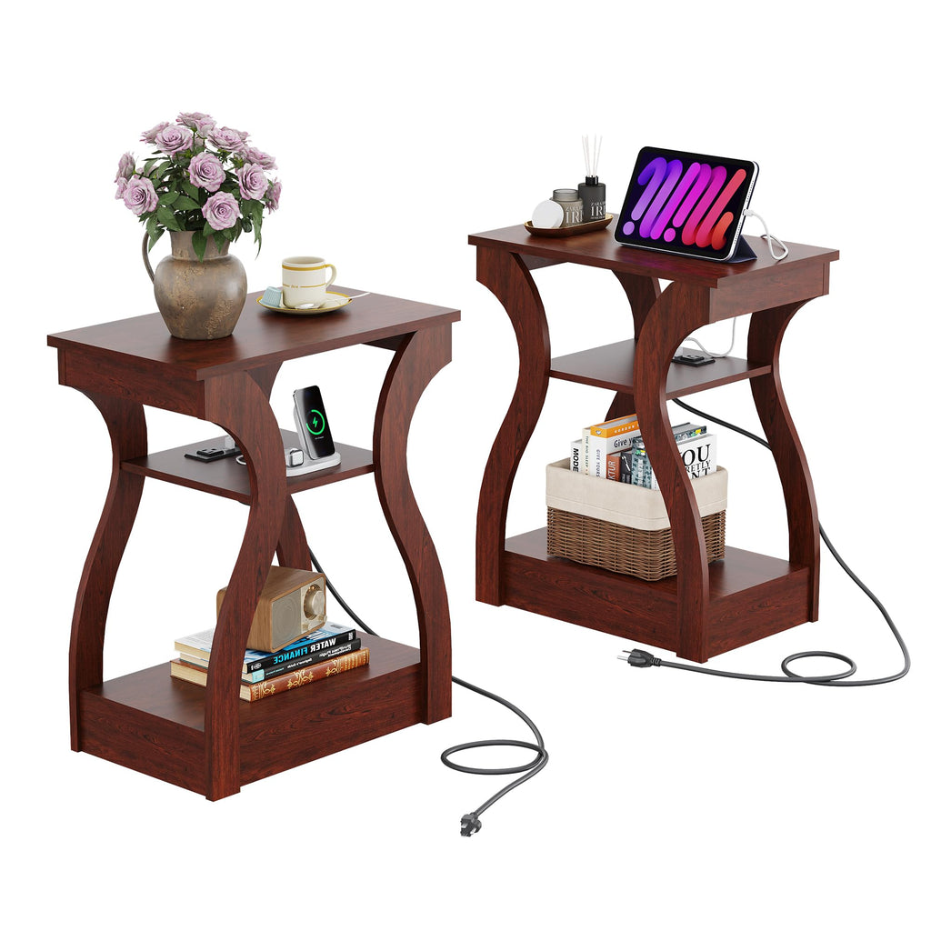WLIVE End Tables Living Room Set of 2, Cherry Side Tables with Charging Station, Nightstand for Bedroom, 3 Tier End Table with Storage Shelf, Side Table Set of 2 for Living Room, Cherry