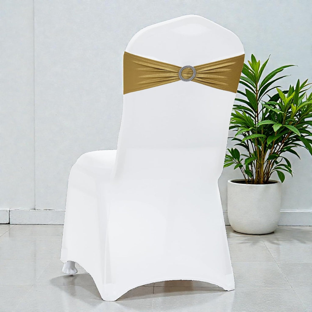 MDS Spandex Foil Chair Sashes - Universal Elastic Stretch Bands with Buckle for Weddings | Metallic Gold, Pack of 200