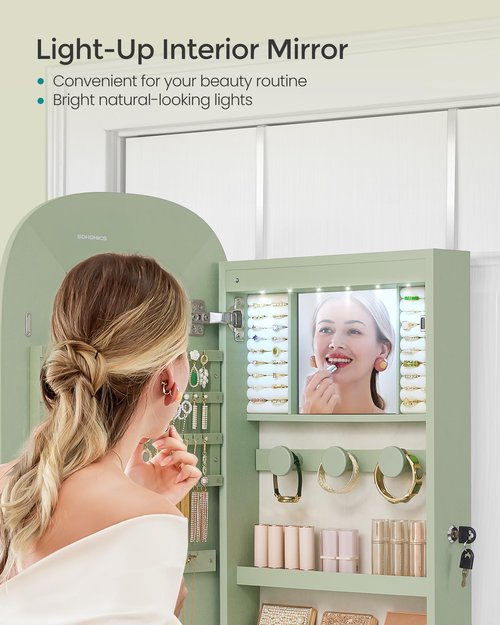 SONGMICS Jewelry Organizer, LED Jewelry Cabinet Wall/Door Mounted, Lockable Rounded Wide Mirror with Storage, Interior Mirror, 3.9 x 16.5 x 42.5 Inches, Laurel Green Surface with Cream White Lining