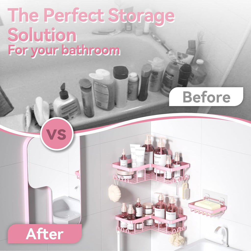 YASONIC Corner Shower Caddy - Rustproof Stainless Steel Bathroom Organizer | No Drilling, 3-Pack, Pink