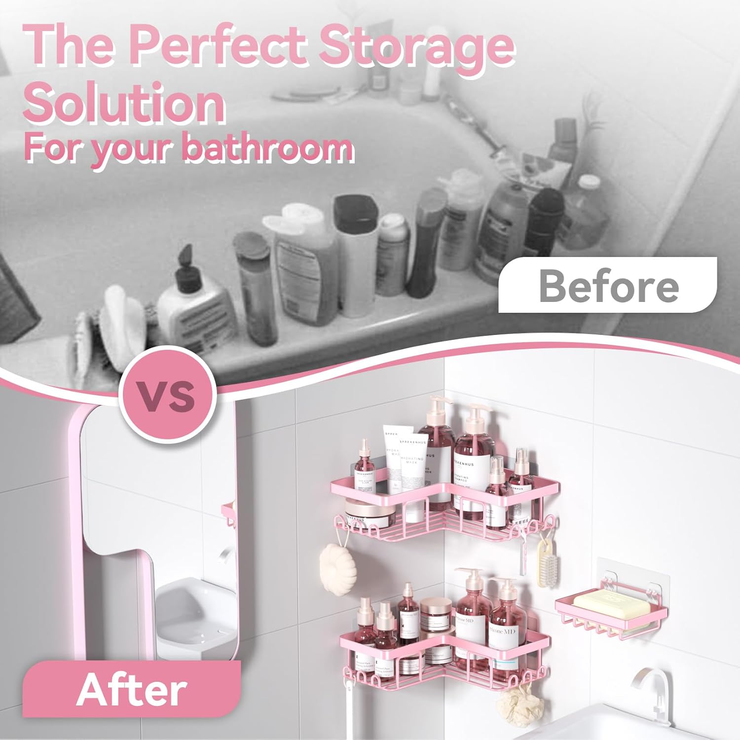YASONIC Corner Shower Caddy - Rustproof Stainless Steel Bathroom Organizer | No Drilling, 3-Pack, Pink