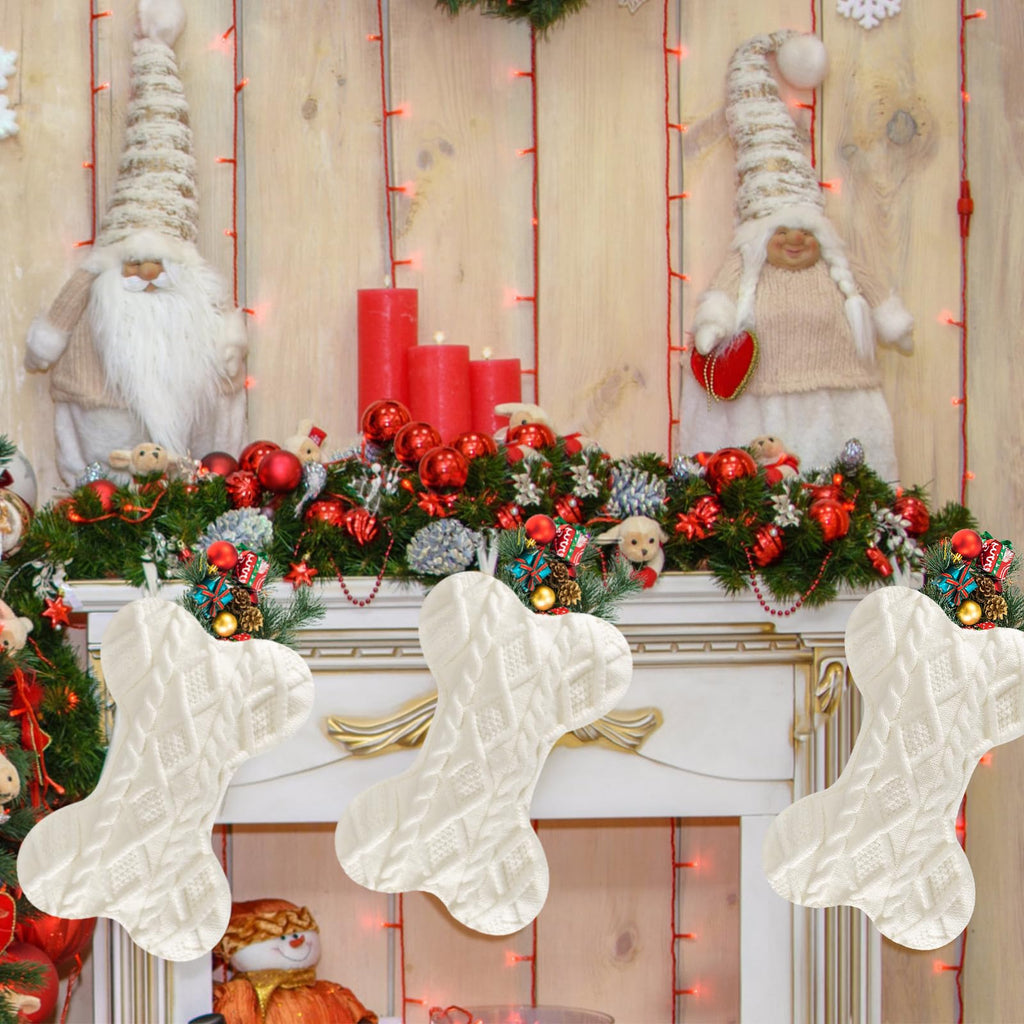 Doitory Dog Christmas Stocking, Large Bone Shape Knit Christmas Stockings for Dogs, Xmas Party Hanging Stocking for Fireplace Tree Gift Home Decoration (White)