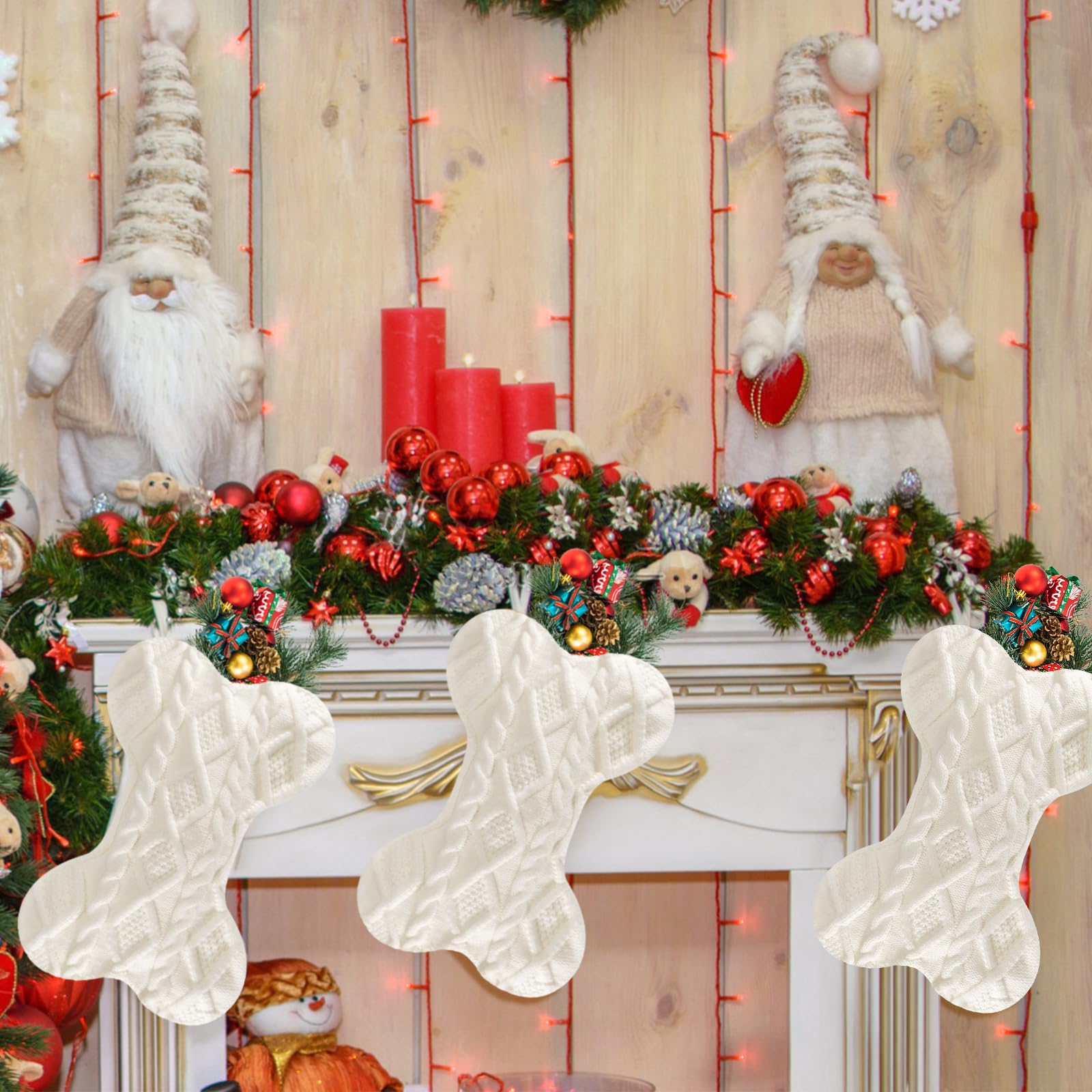 Doitory Dog Christmas Stocking, Large Bone Shape Knit Christmas Stockings for Dogs, Xmas Party Hanging Stocking for Fireplace Tree Gift Home Decoration (White)