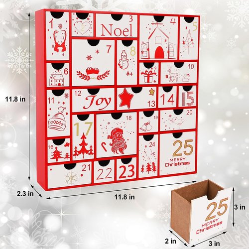 Juegoal Red Advent Calendar - 11.8 Inch Wooden Christmas Countdown with 25 Large Drawers | Hand-Painted Holiday Decor