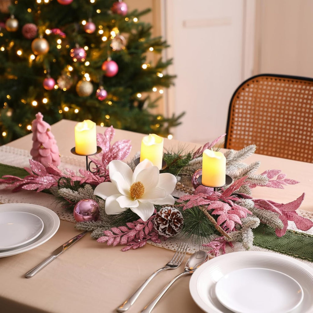 Maxdot Pink Christmas Candle Holder - Elegant Metal Poinsettia Design for Dining Table Decor | Festive Centerpiece