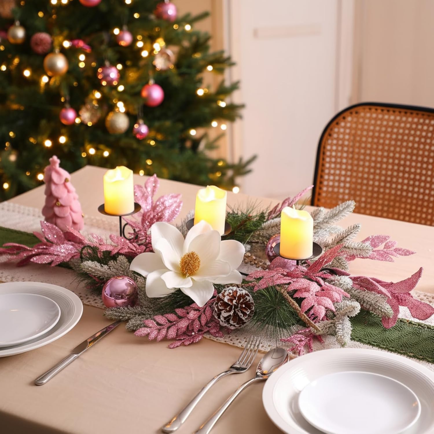Maxdot Pink Christmas Candle Holder - Elegant Metal Poinsettia Design for Dining Table Decor | Festive Centerpiece