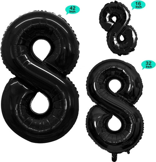 GOER Black Foil Number 8 Balloons - Huge 42" & 32" Birthday Party Decorations | 3-Piece Set