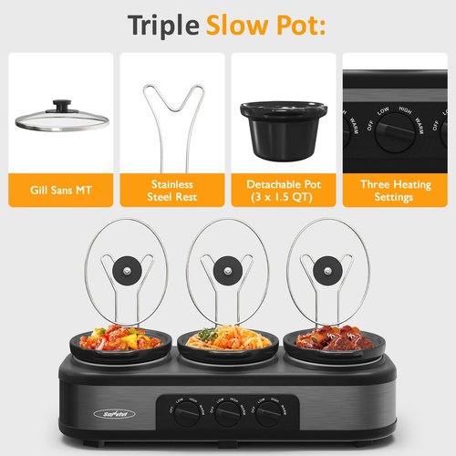 SUNVIVIPRO Triple Slow Cooker, Buffet Food Warmer with 3 * 1.5 Quarts Removable Ceramic Pots, Buffet Servers and Warmers with Glass Lids and 3 Spoons, Stainless Steel,Grey