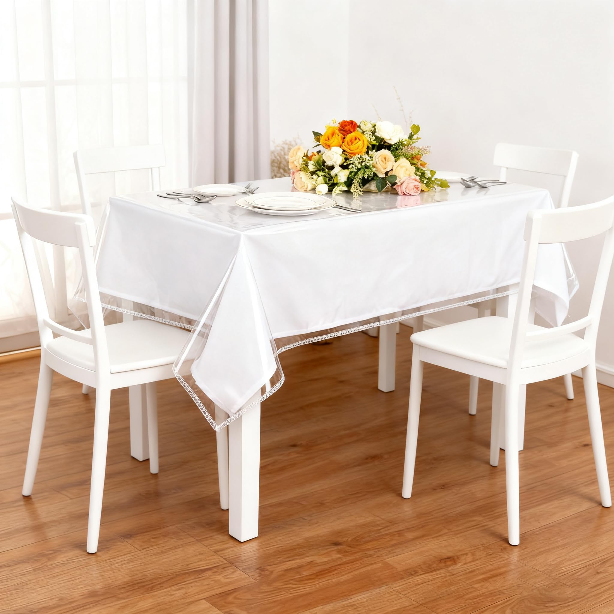 Clear Plastic Table Cover Protector 100% Waterproof Tablecloth Vinyl Rectangle Table Cloth Protector Crystal Clear Plastic Tablecloth Cover for Dining Tables Parties Camping 55" x 70" ,4-6 Seats