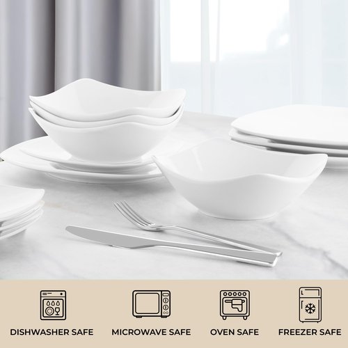 Zulay Kitchen Luna Plates and Bowls Sets, 16 Piece Modern Porcelain Dish Set for 4, Chip and Scratch Resistant Square Dinnerware Set, Microwave and Dishwasher Safe, Pearl White