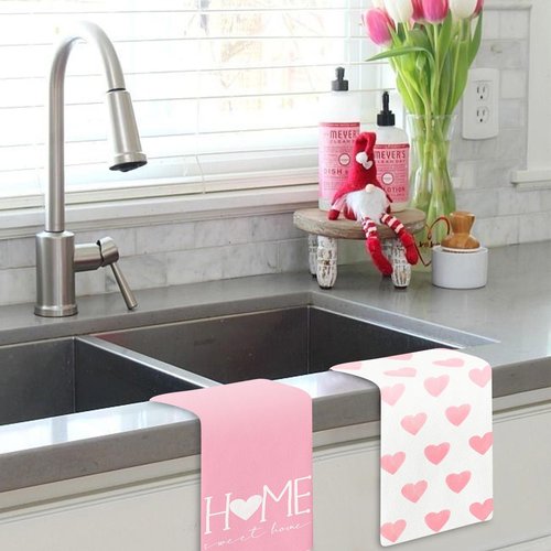 MEYUEWAL 2PCS Pink Heart Love Home Sweet Home Valentine's Kitchen Towels Dish Towels for Wedding Party Anniversary Valentine's Day (16.5x23.6 Inch)