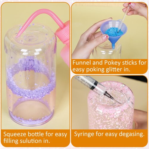 Maucircol 16 Oz Acrylic Snowglobe Tumbler Cup Supplies, 8 Pack Pre-Drilled Double Wall Plastic Snowglobe Tumbler Starter Kit Including Funnel Squeeze Bottle Funnel