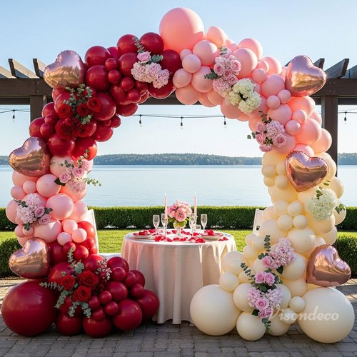 131Pcs Burgundy Red and Pink Valentines Balloons Arch Kit with Ivory & Rose Gold Heart Shaped Foil Balloons - Birthday, Proposal, Valentine's Day Decorations, Mother's Day, Wedding, Party Backdrop