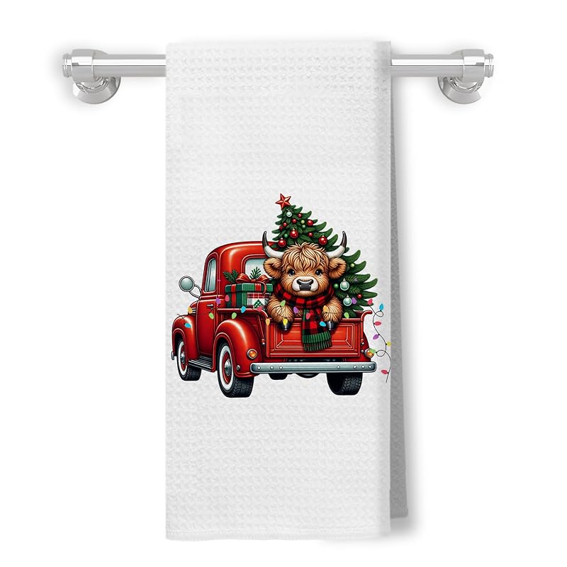 Red Truck Highland Cow Christmas Kitchen Towels – 16x24 In, Color-15