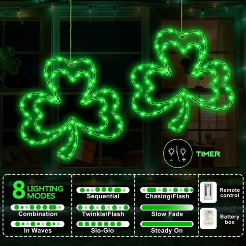 LAIAMER 2 Pcs Light Up Shamrock for Window, 13'' Shamrocks Windows Lights St Patricks Day Window Decor Shamrock Lights Battery Operated with Timer & 8 Modes, Clover Decor Green Light for St Patricks