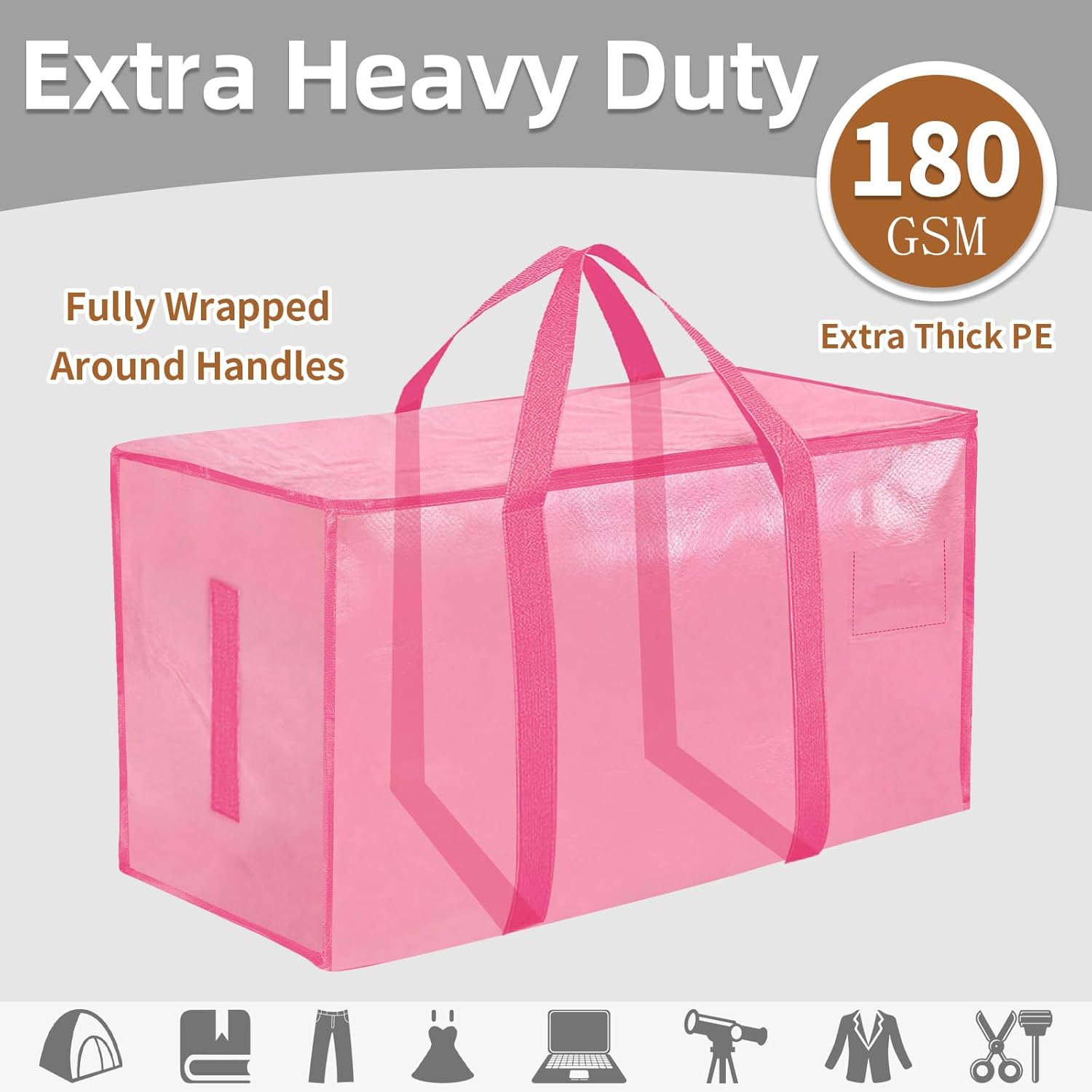 Skiennix Extra Large Heavy Duty Moving Bags - Waterproof Storage Totes with Zippers & Handles | 8 Pack (Pink)