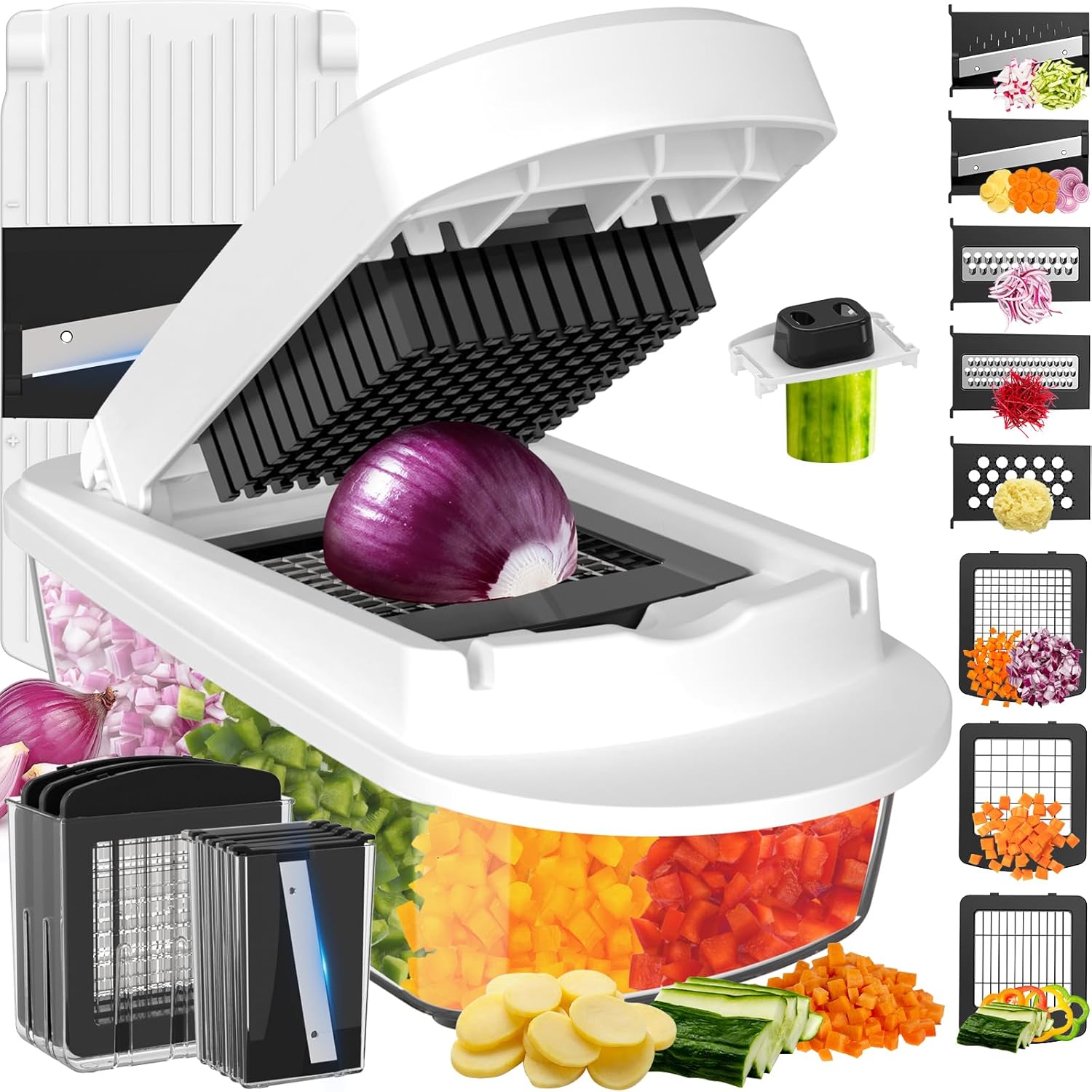 Skiennix 8-Blade Vegetable Chopper - All-in-One Mandoline Slicer with Container for Effortless Food Prep | White