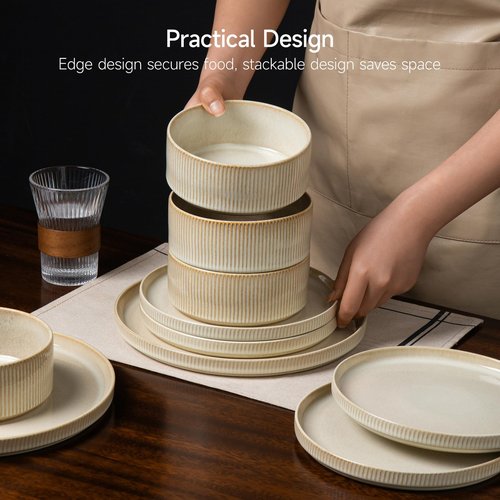 ALOFMO Stoneware Dinnerware Sets, Plates and Bowls Sets for 4, 12-Piece Ribbed Dishes – Chip & Scratch Resistant, Microwave and Dishwasher Safe Tableware, Beige