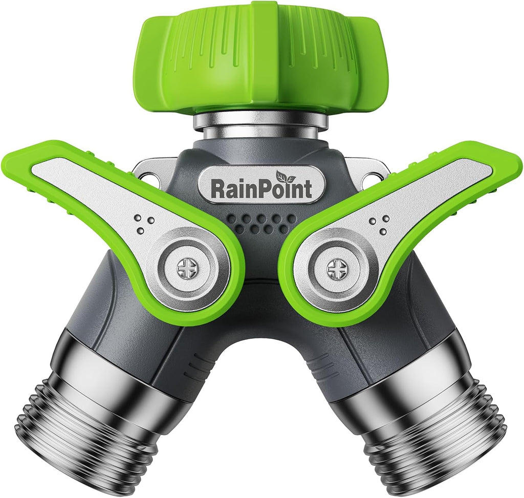 RAINPOINT 2-Way Garden Hose Splitter - Heavy Duty Metal Body with Shutoff Valves | 1.9" Long Handle, Green