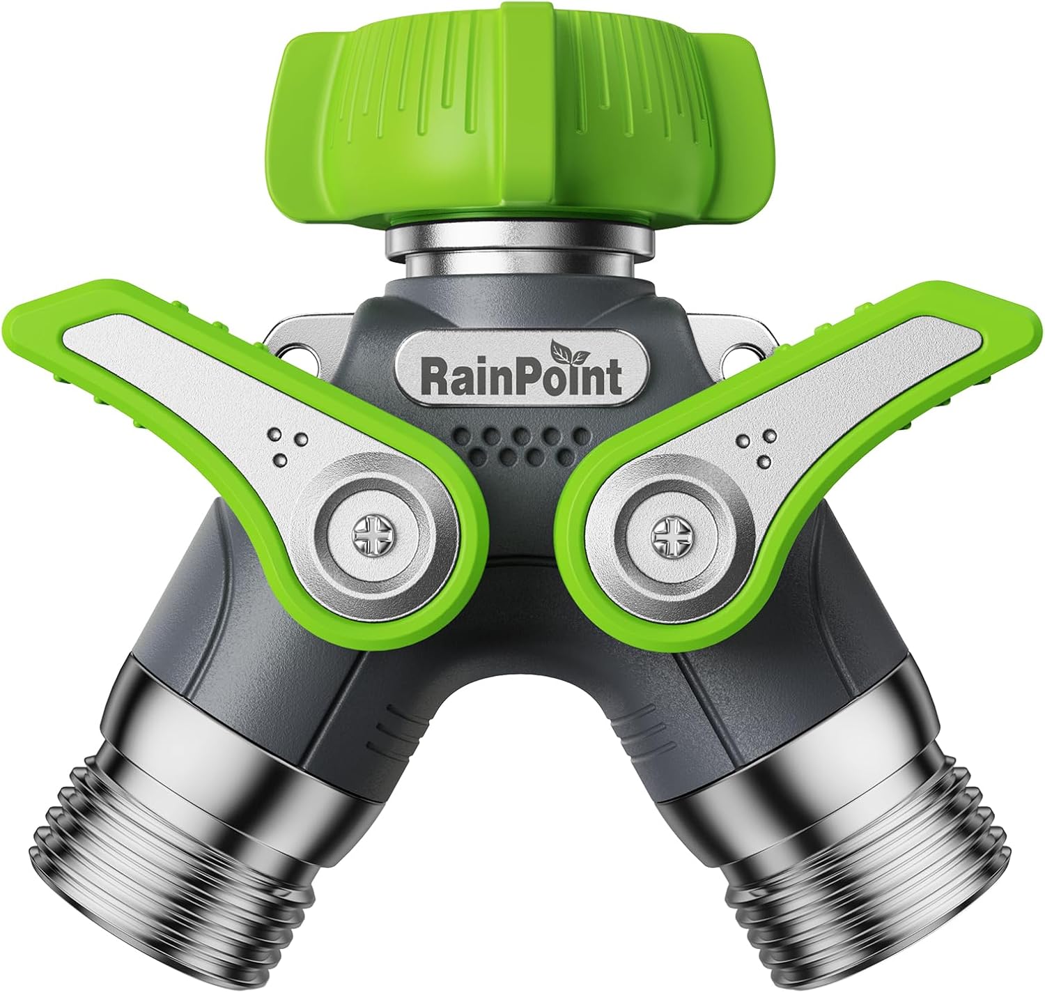 RAINPOINT 2-Way Garden Hose Splitter - Heavy Duty Metal Body with Shutoff Valves | 1.9" Long Handle, Green