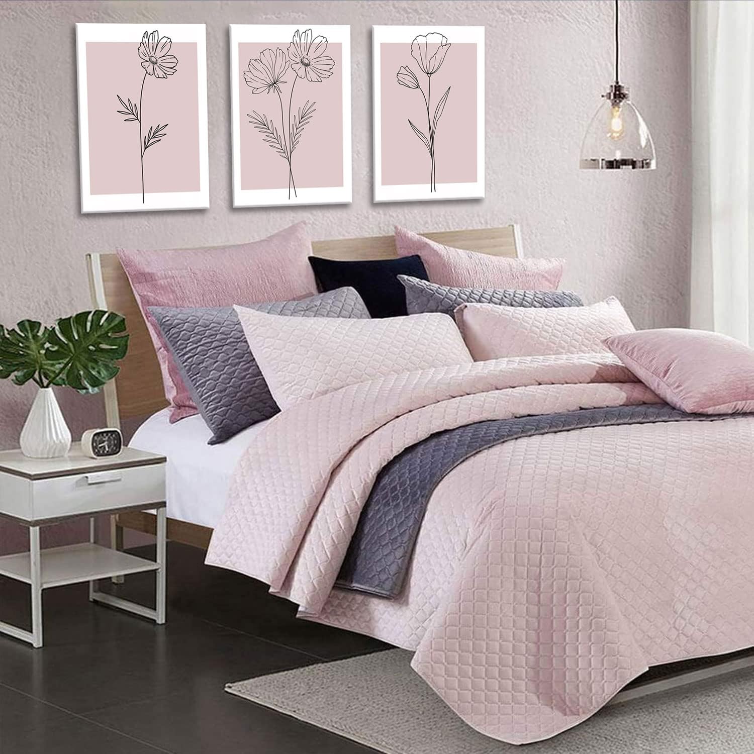 Pink Flower Market Wall Art Set of 3 - Aesthetic Canvas Prints for Bedroom & Living Room | Framed 12x16 Inch