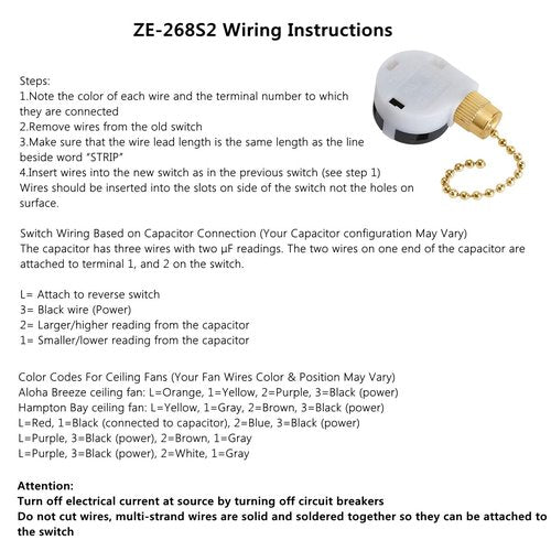Ceiling Fan Switch Set 3 Speed 4 Wire Zing Ear ZE-268S2 Pull Chain Ceiling Fan Switch Ceiling Fan Speed Control Switch with Rope for Ceiling Fans, Wall Lamps, Cabinet Light, Brass