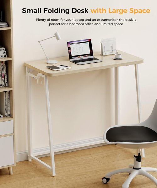 POLWKZU Folding Desk Small Foldable Desk for Small Space, 31.5 Inches Writing Computer Desks in Study, Home Office Foldable Office Desks for Bedroom, Oak