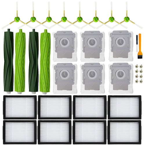 Replacement Parts for iRobot Roomba i3 i3+ i7 i7+ i4 i4+ i5 i5+ j5 j5+J7 i2 i6 i6+i8 i8+/Plus E5 E6 E7 I & E & J Series Vacuum Cleaner,2 Set Rubber Brushes,8 Filters,8 Side Brushes,6 Bags