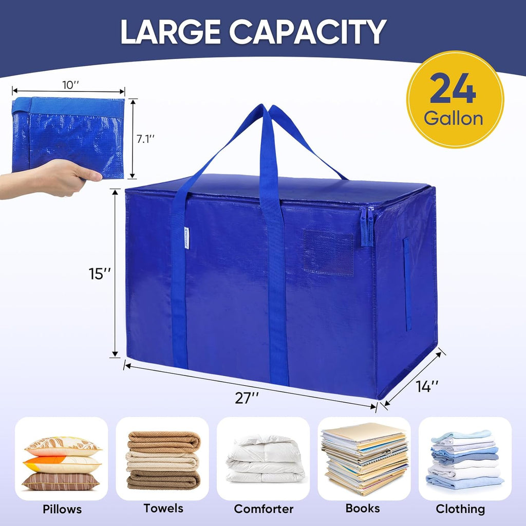 TICONN Extra Large Heavy-Duty Moving Bags - Durable Storage with Zippers & Handles | 6 Pack, Blue