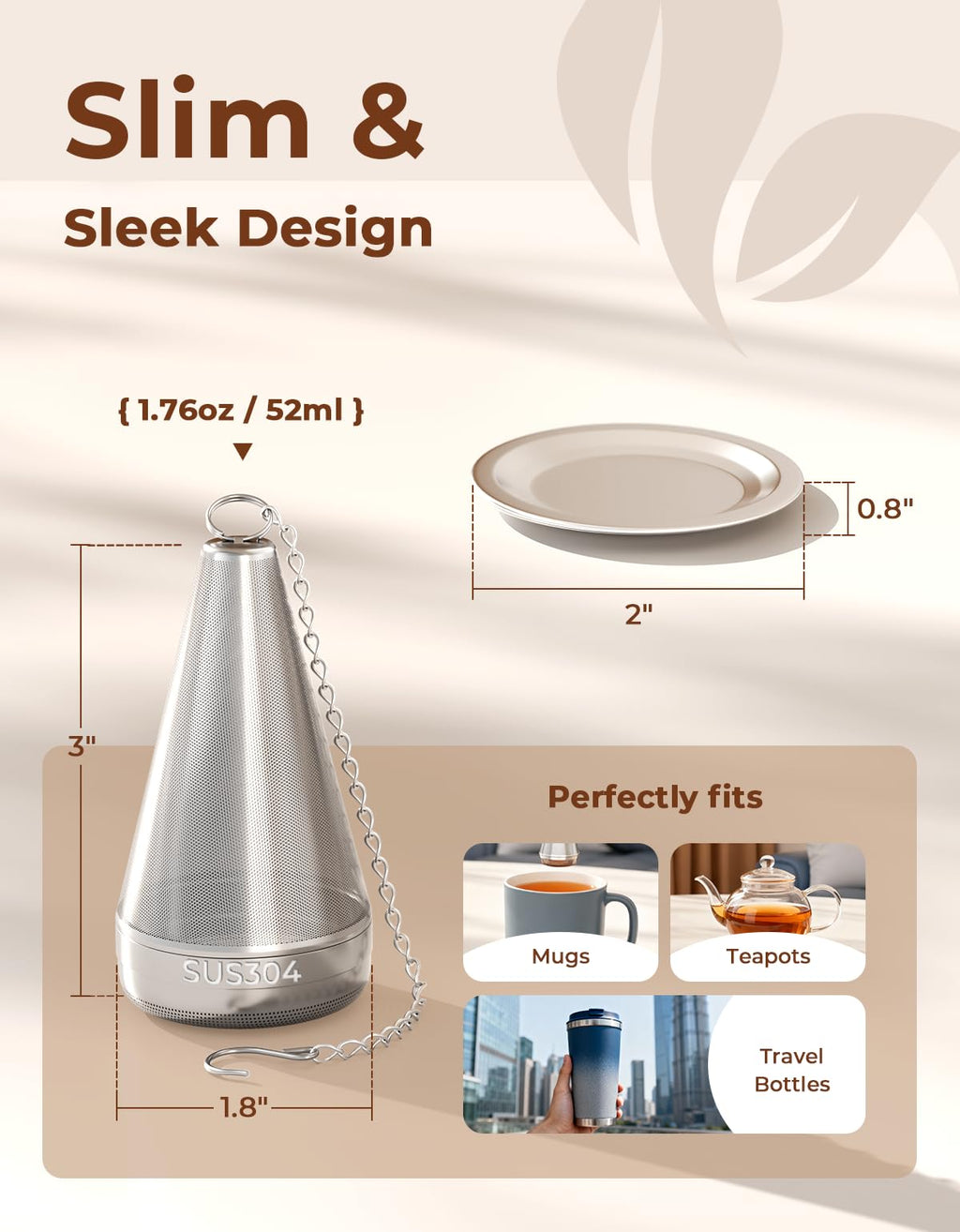 Feelife Cone Tea Infusers for Loose Leaf Tea, 304 Stainless Steel Tea Strainer Fine Mesh, 1.8” x 3” Loose Leaf Tea Steeper with a Drip Tray