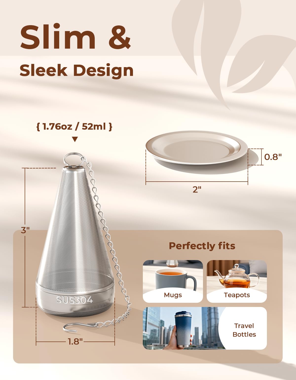 Feelife Cone Tea Infusers for Loose Leaf Tea, 304 Stainless Steel Tea Strainer Fine Mesh, 1.8” x 3” Loose Leaf Tea Steeper with a Drip Tray
