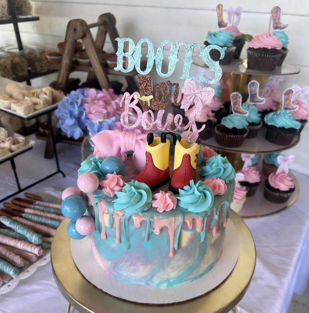 Skiennix Gender Reveal Cake Decorations - Acrylic Boots & Bows Toppers Set for Baby Shower