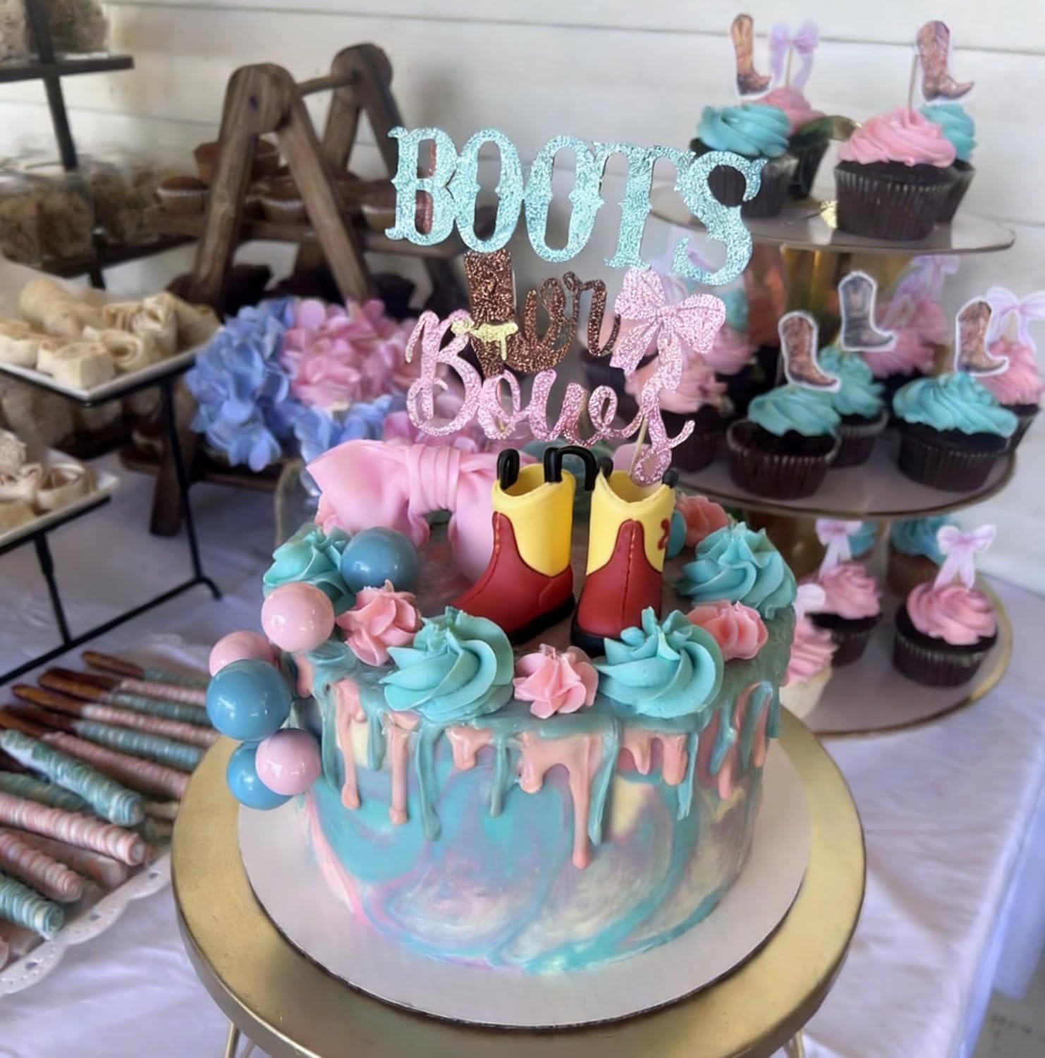Skiennix Gender Reveal Cake Decorations - Acrylic Boots & Bows Toppers Set for Baby Shower