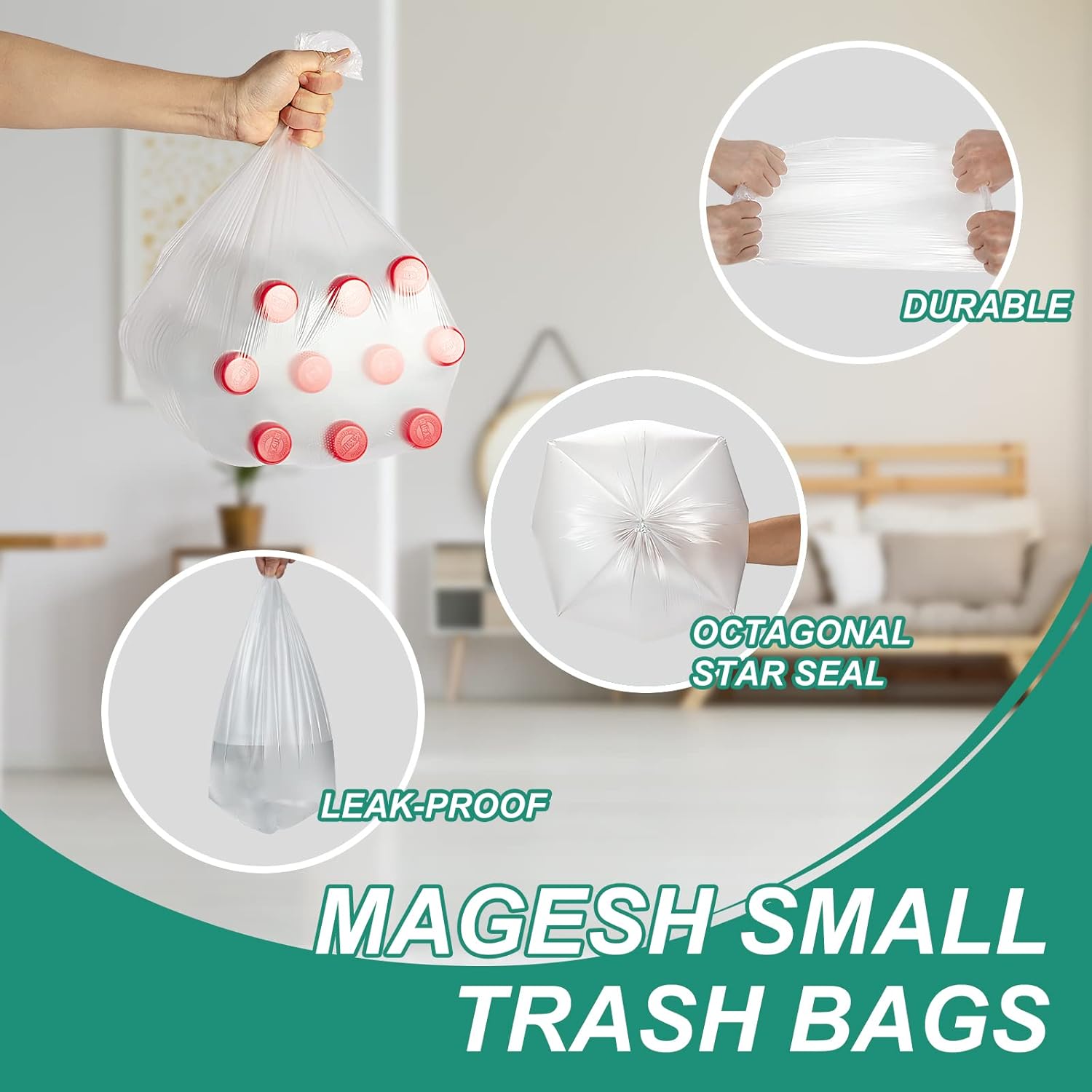 Magesh 4 Gallon Trash Bags - Strong & Thick, Unscented, Leakage-Free | 15L, Clear, 105 Count for Bathroom & Office