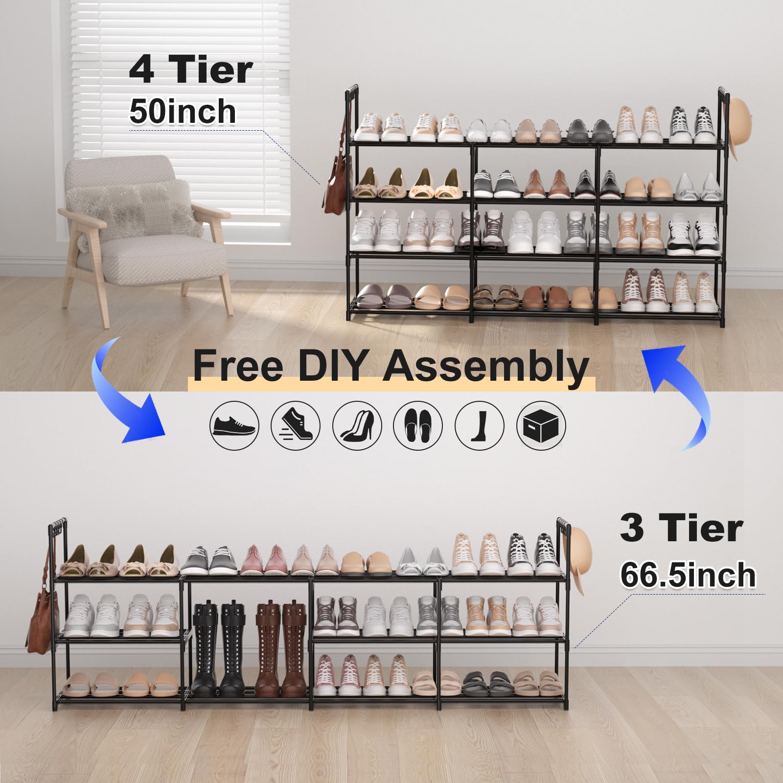 DYJIEKAI 3 Row 4 Tier Long Shoe Rack, Black Metal Stackable Shoe Shelf with Multifunctional Hooks, Shoe Storage Hold 24-30 Pairs, Space Saving Shoe Organizer for Closet,Wide Shoe Rack