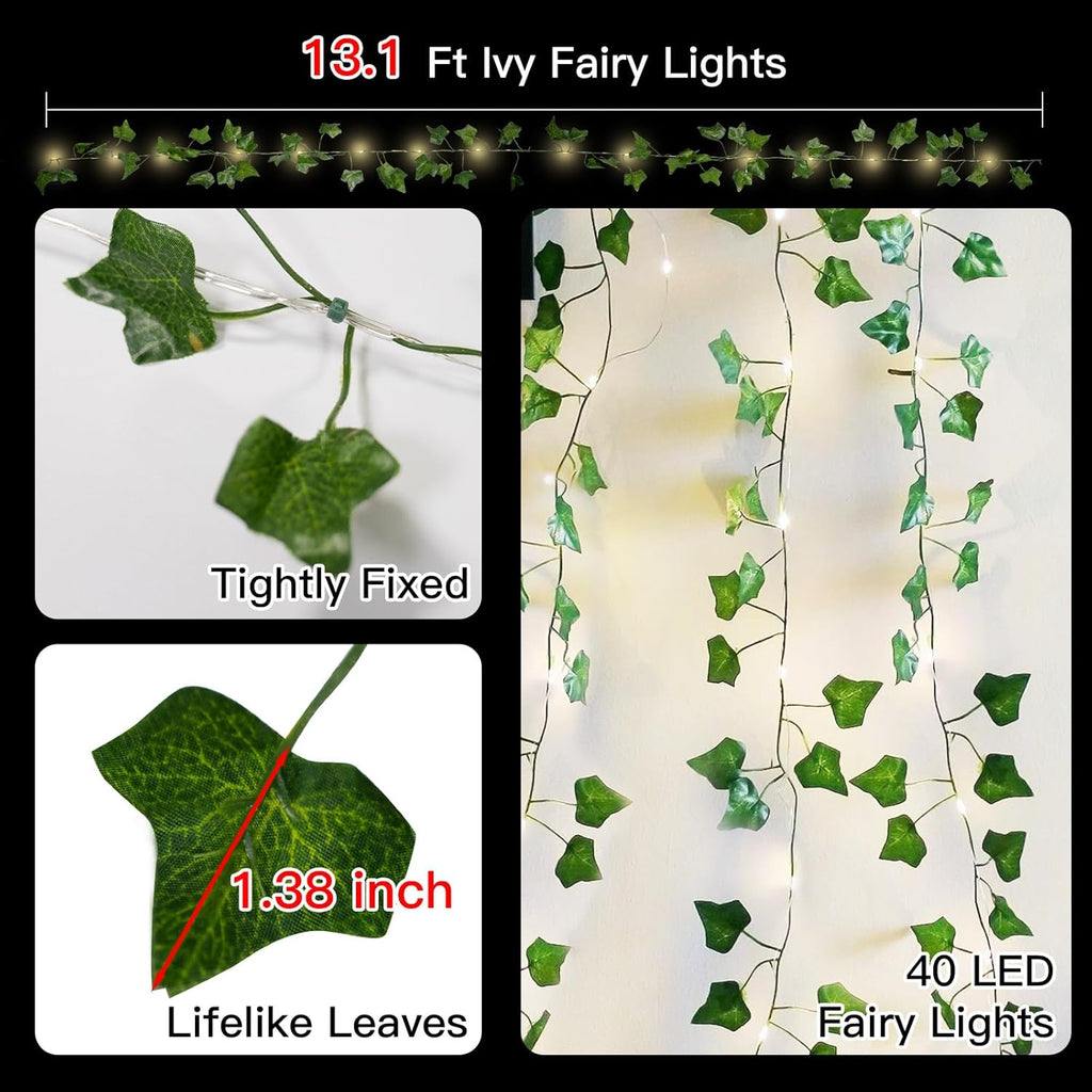 Suddus Ivy String Lights - 40 LED Fairy Lights with Remote | 13.1ft Battery Operated for Bedroom, Garden, Wedding Decor (Warm White)
