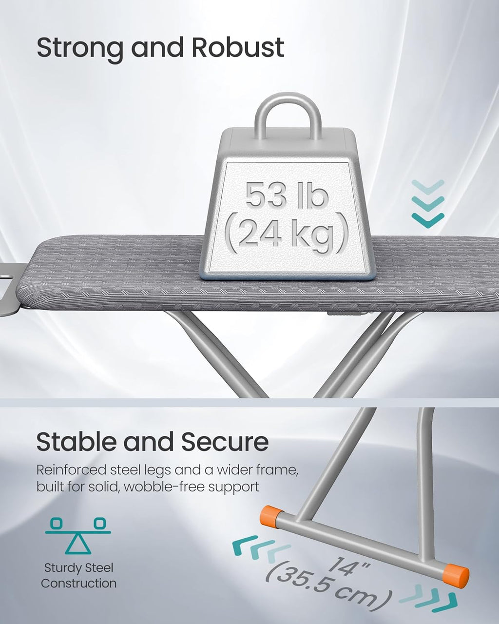 SONGMICS Ironing Board - Foldable & Height Adjustable with Retractable Iron Rest | 43 x 13 Inches, Dove Gray