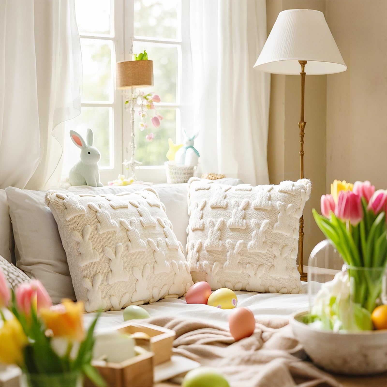 AONSOULE Easter Pillow Covers 18x18, 2Pcs Soft Beige Bunny Pillow Covers with Hidden Zipper, Easter Home Decorations Cute Spring Home Decors for Sofa Bedroom