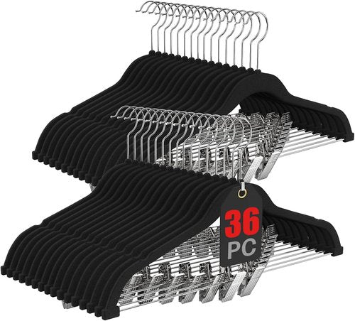 Korpai 36-Pack Black Velvet Hangers - Adjustable Non-Slip Clips for Space-Saving Storage