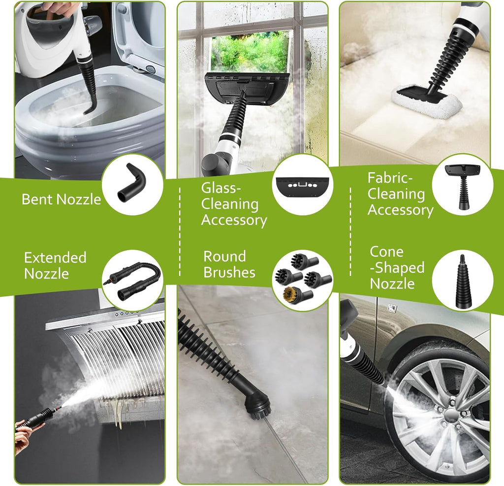 Skiennix Pressurized Handheld Steam Cleaner - Multi-Surface Cleaning with 12 Accessories | Grey
