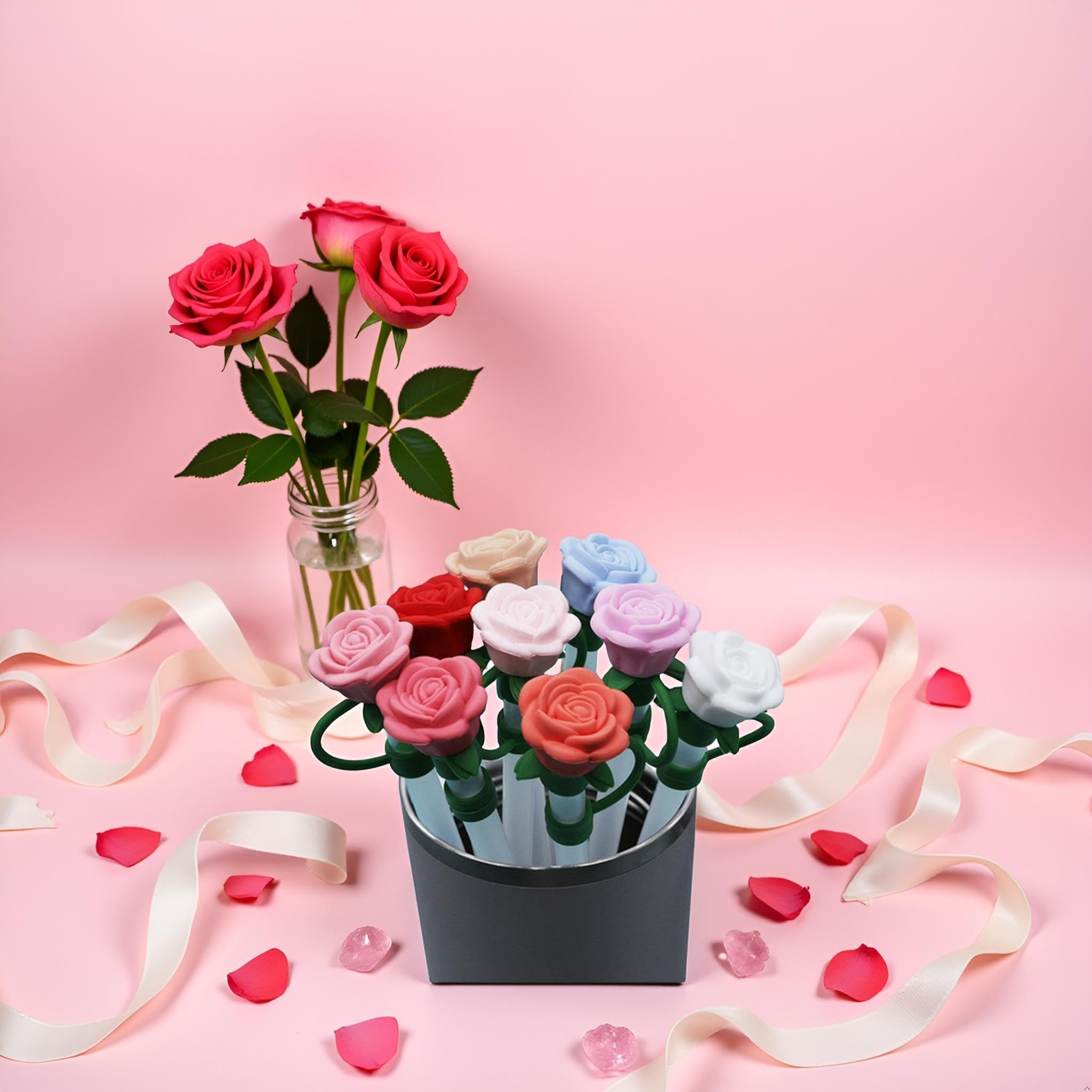 9 Pcs Silicone Rose Straw Cover Cap for Stanley Cup, Flower Straw Toppers Compatible with 6-10mm Drinking Straw, for Stanley Cup for Women Valentine's Gift