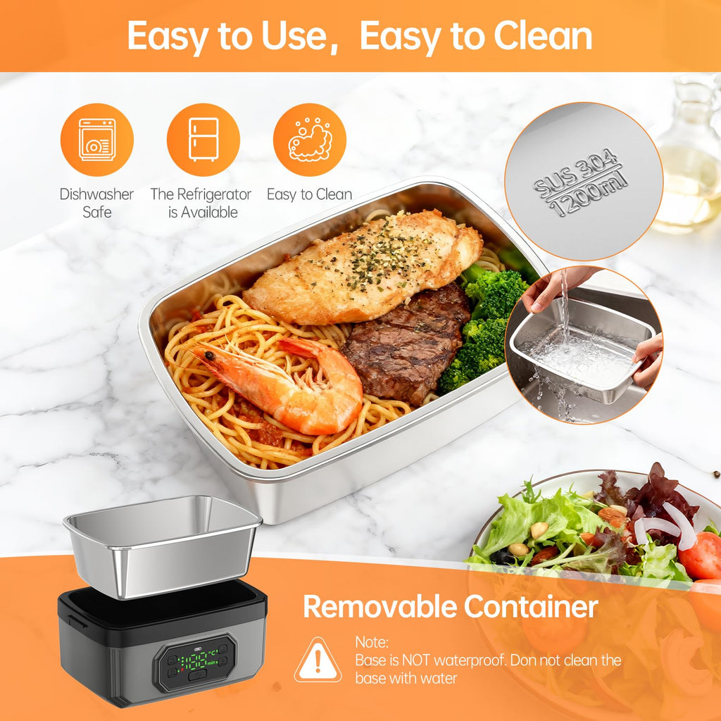 Eosyrennis Portable Cordless Electric Lunch Box for Adults,Rechargeable Self-Heating Food Warmer with Timer & Leak-Proof,1.2L SS Container,21000mAh Battery Powered for Office,Travel,Car,Outdoor