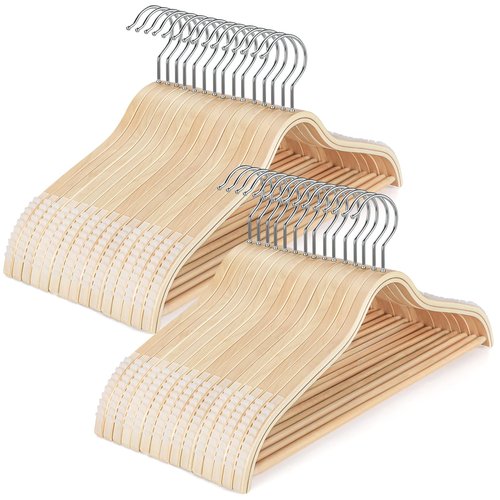 TOPIA HANGER Sleek Wooden Hangers with Non-Slip Rubber Grips, Sweater Hangers No Shoulder Bump, Lightweight Clothes Hangers 30-Pack, 360° Swivel Hook and Pants Bar-CT63N30