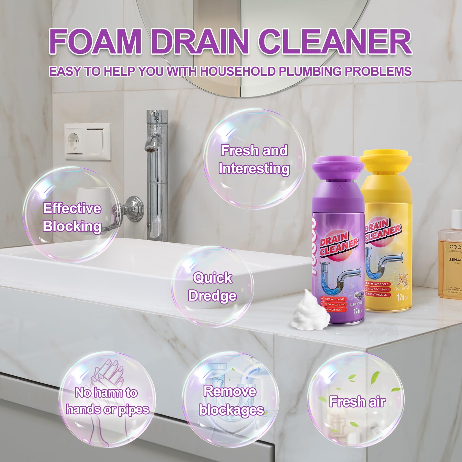 Yugou Foaming Sink Drain Cleaner Deodorizer& Clog Remover (Floral, 2pcs)