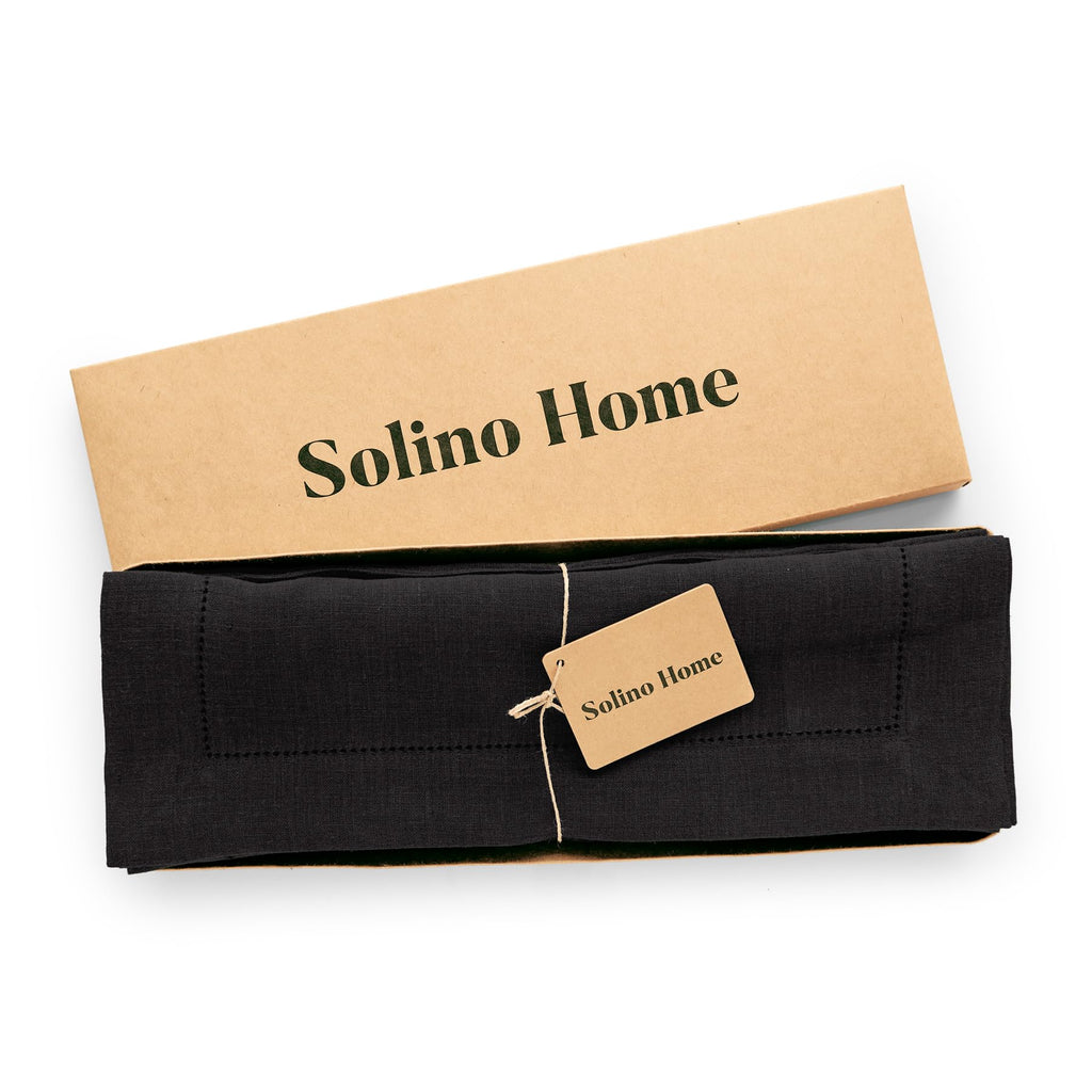 Solino Home Linen Cloth Placemats Set of 6-100% Pure Linen Hemstitch Black Placemats 14 x 19 Inch - Sonoma Hemstitch Table Place Mats for Mothers Day