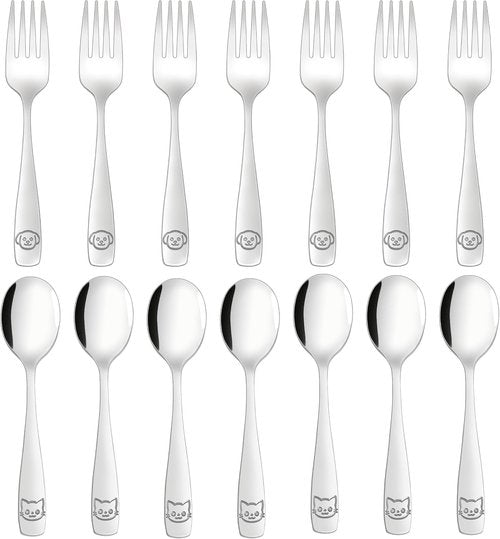 LOCONHA Stainless Steel Toddler Utensils Set - 14 Pcs Safe, Mirror Polished Silverware for Kids