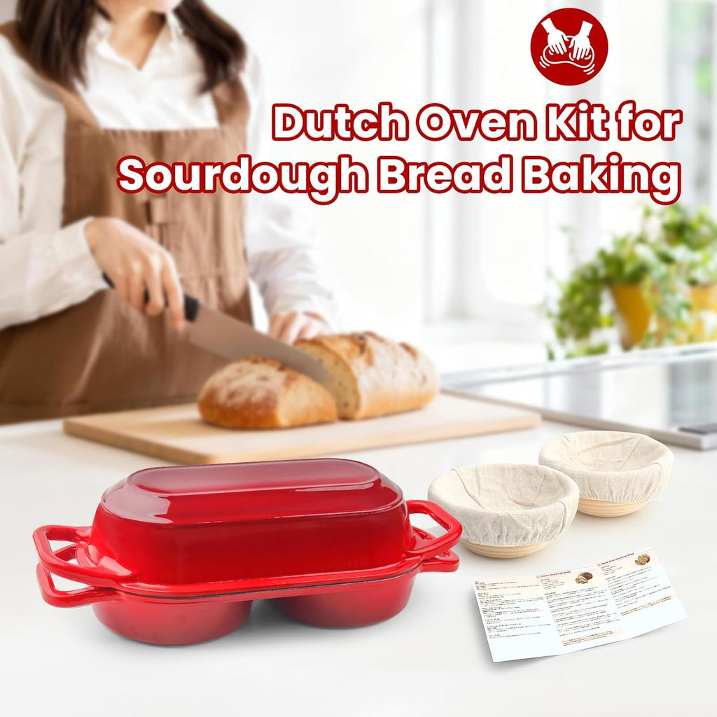 YONILL Mini Double Dutch Oven - Enameled Cast Iron Pot with Lid & 5" Banneton Proofing Basket (Red)